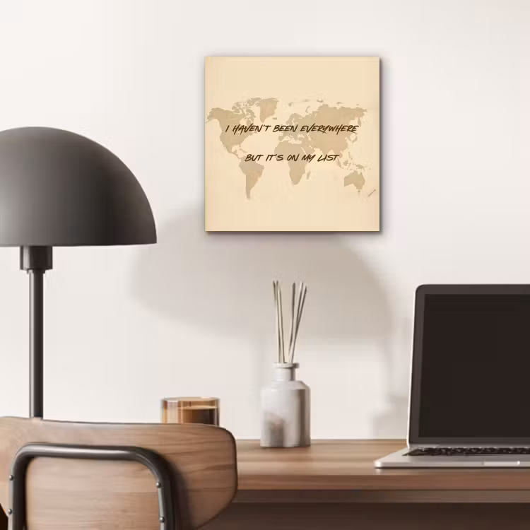 Beige - Wereldkaart - Quote - Handgeschreven aluminium wit klein -sfeer5
