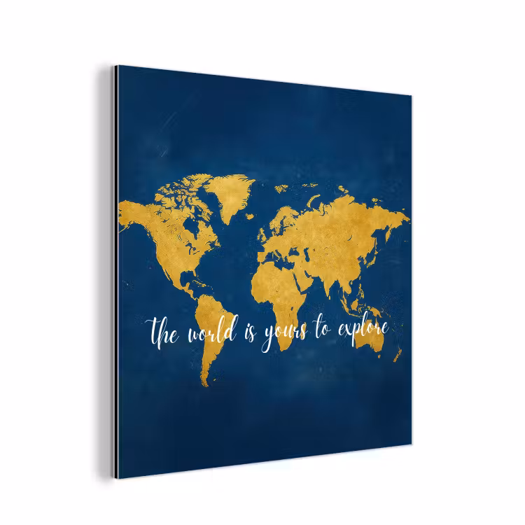 Blauw - Wereldkaart - Quote - Explore aluminium wit klein -3d