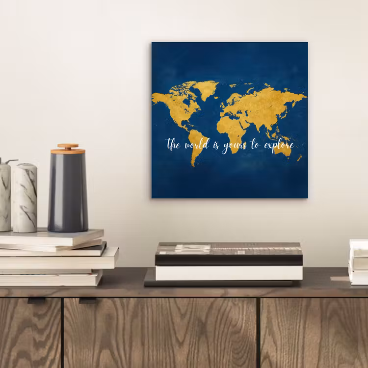 Blauw - Wereldkaart - Quote - Explore aluminium wit klein -sfeer1