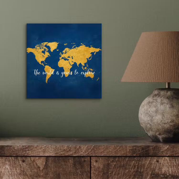 Blauw - Wereldkaart - Quote - Explore aluminium wit klein -sfeer2