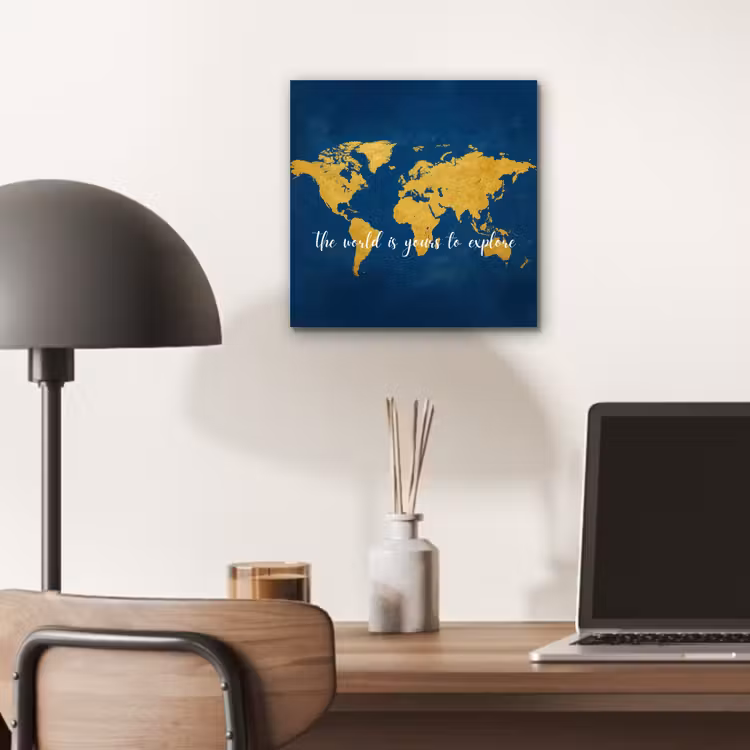 Blauw - Wereldkaart - Quote - Explore aluminium wit klein -sfeer5