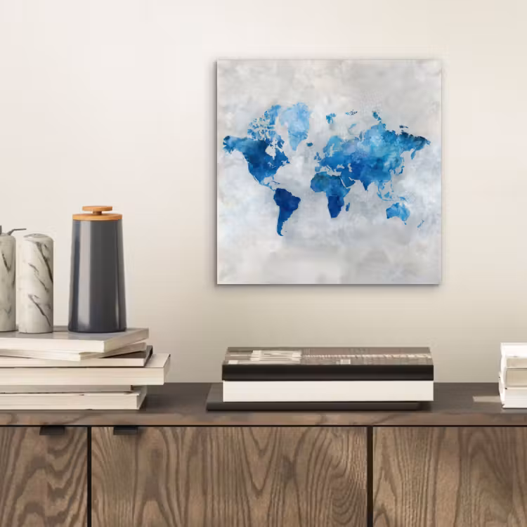 Blauw - Wolken - Textuur - Wereldkaart aluminium wit klein -sfeer1