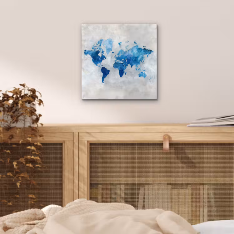 Blauw - Wolken - Textuur - Wereldkaart aluminium wit klein -sfeer3