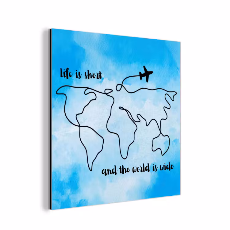 Blauw - Quote - Wereldkaart aluminium wit klein -3d