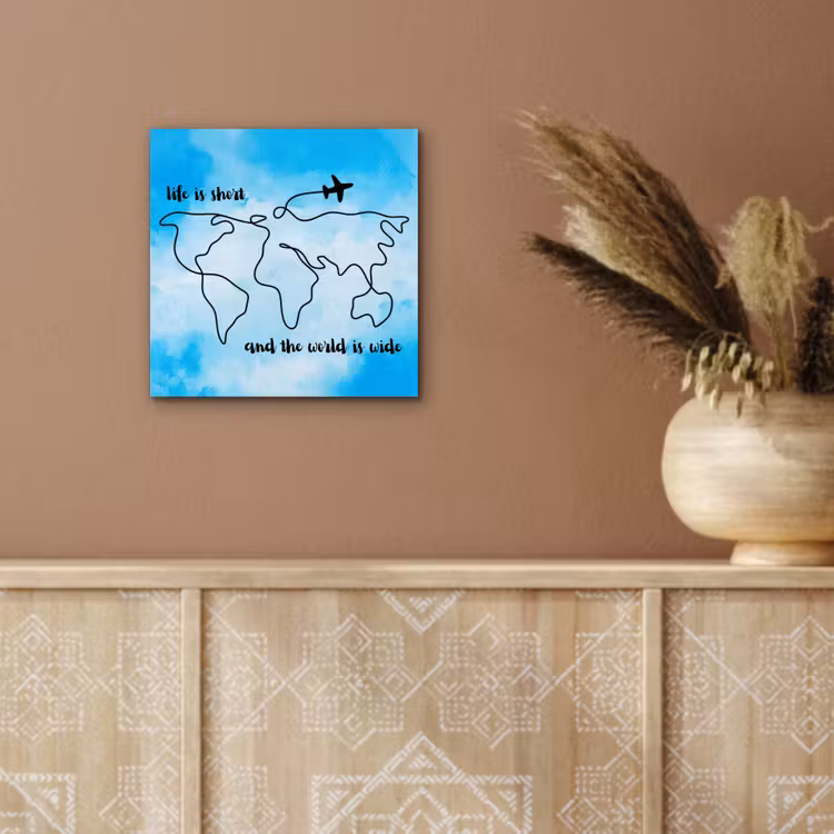 Blauw - Quote - Wereldkaart aluminium wit klein -sfeer4