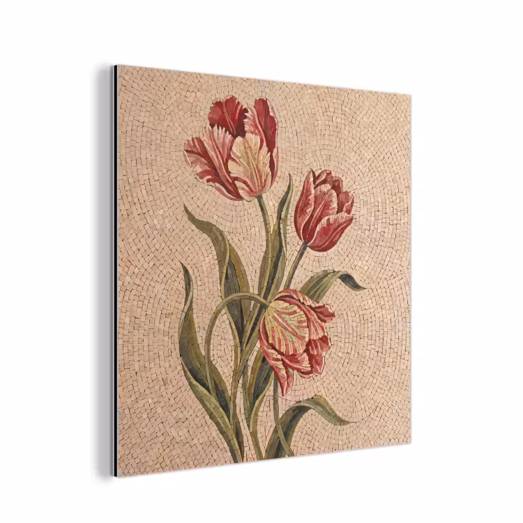 Bloemen - Mozaïek - Rood - Groen - Kunst aluminium wit klein -3d