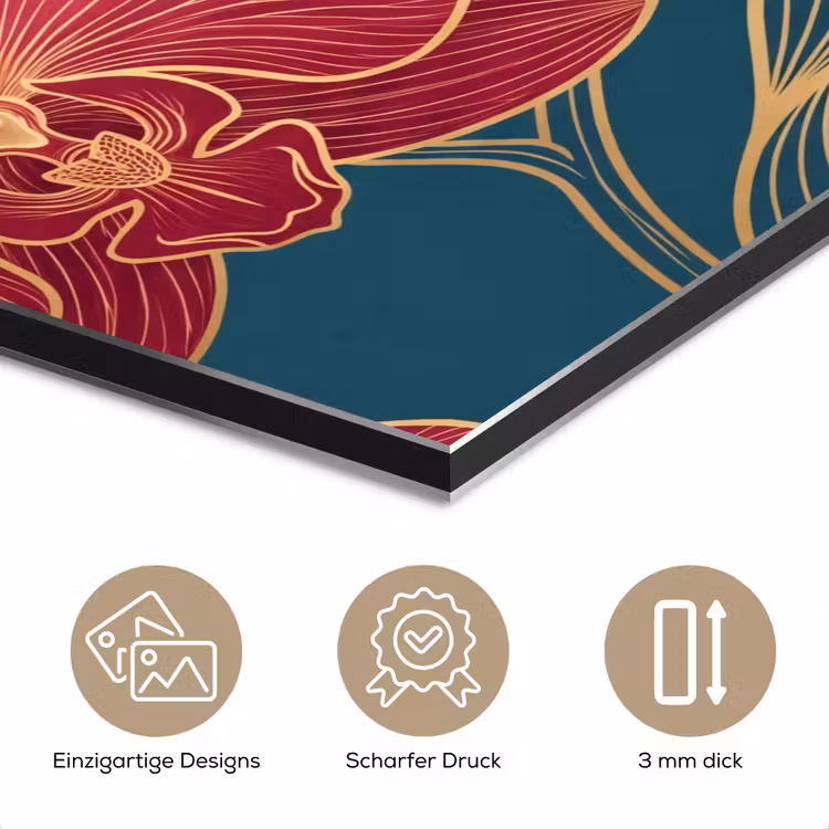 Alu-Dibond-Bild - Blumen – Rot – Gold - Bloemen - Rood - Goud aluminium wit klein