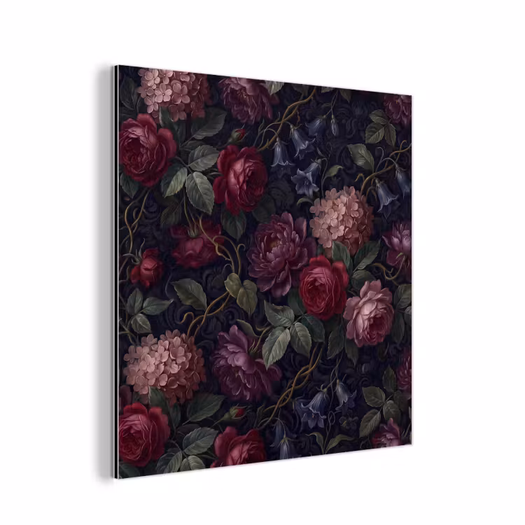 Bloemen - Rood - Klassiek - Donker - Patroon aluminium wit klein -3d