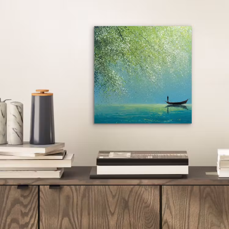 Bootje - Water - Bladeren - Bloesems aluminium wit klein -sfeer1