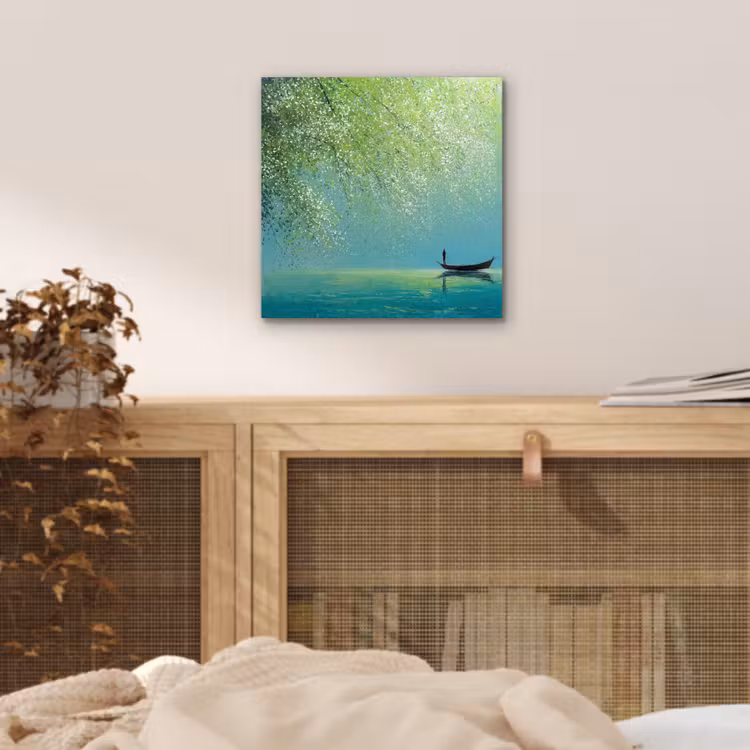 Bootje - Water - Bladeren - Bloesems aluminium wit klein -sfeer3