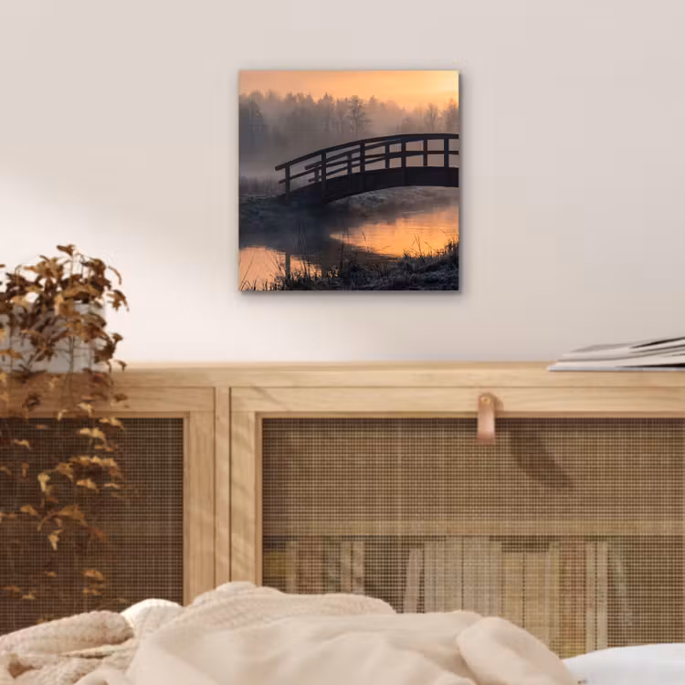 Brug - Mist - Bomen - Water aluminium wit klein -sfeer3