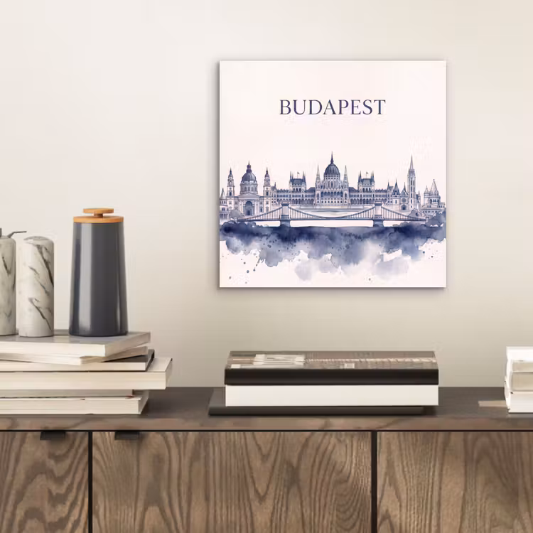 Boedapest - Skyline - Architectuur - Aquarel - Blauw aluminium wit klein -sfeer1