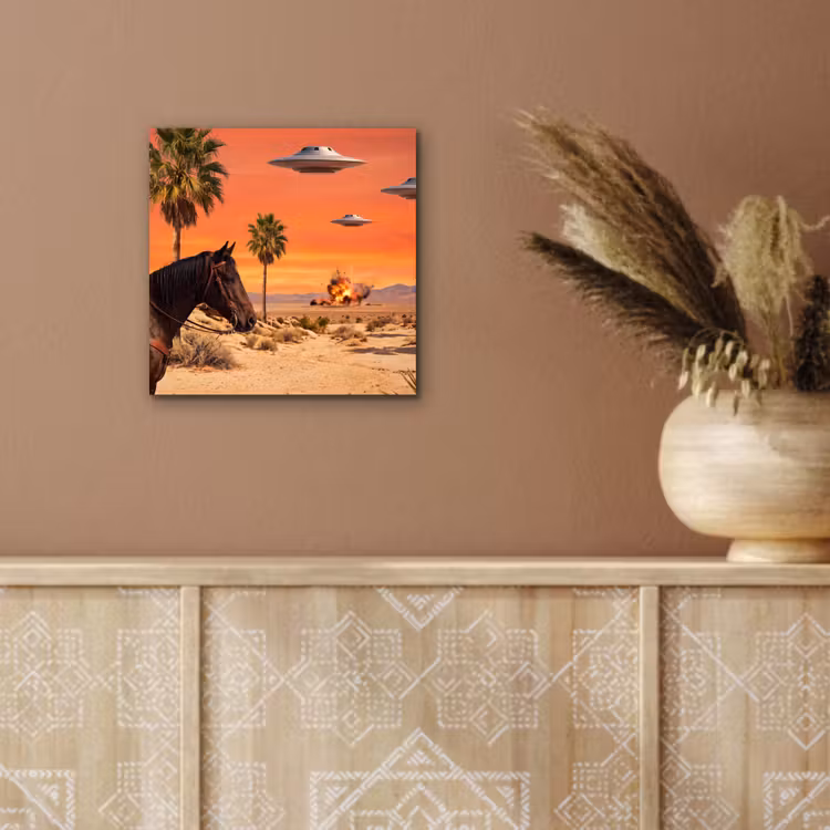 Alu-Dibond-Bild - Cowboy – Pferd – Wüste - Cowboy - Paard - Woestijn aluminium wit klein