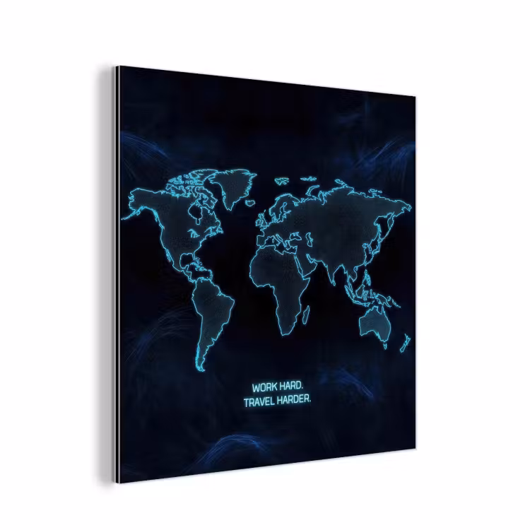 Digitaal - Wereldkaart - Blauw - Quote aluminium wit klein -3d