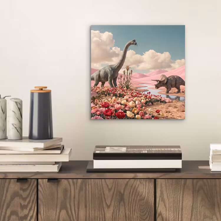 Alu-Dibond-Bild - Dinosaurier – Rosa – Landschaft - Dinosaurus - Roze - Landschap aluminium wit klein