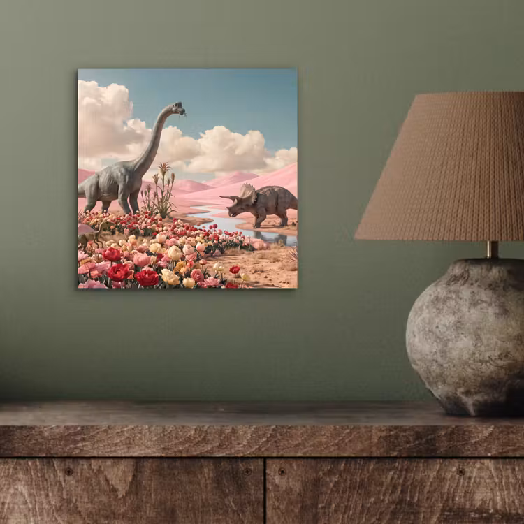 Alu-Dibond-Bild - Dinosaurier – Rosa – Landschaft - Dinosaurus - Roze - Landschap aluminium wit klein