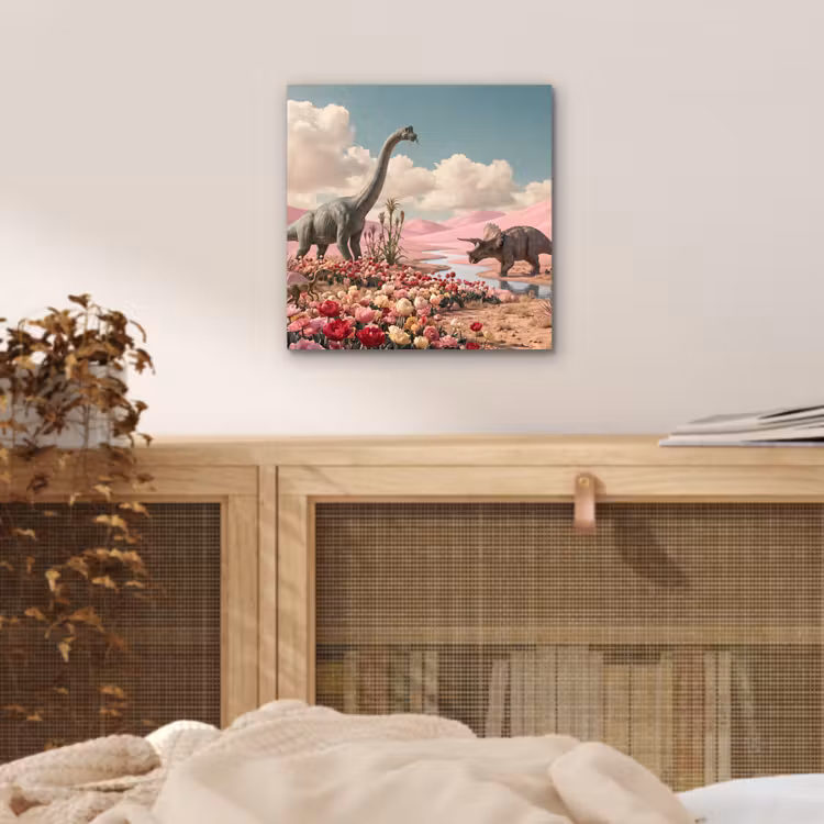Alu-Dibond-Bild - Dinosaurier – Rosa – Landschaft - Dinosaurus - Roze - Landschap aluminium wit klein
