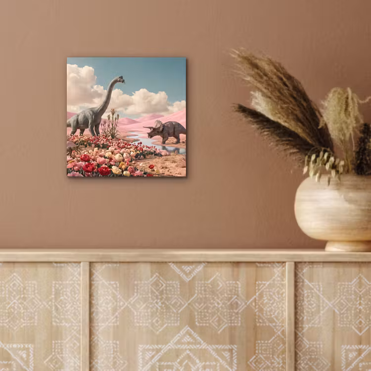 Alu-Dibond-Bild - Dinosaurier – Rosa – Landschaft - Dinosaurus - Roze - Landschap aluminium wit klein