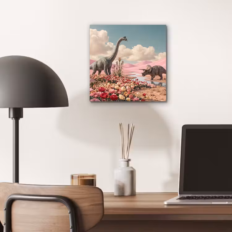 Alu-Dibond-Bild - Dinosaurier – Rosa – Landschaft - Dinosaurus - Roze - Landschap aluminium wit klein