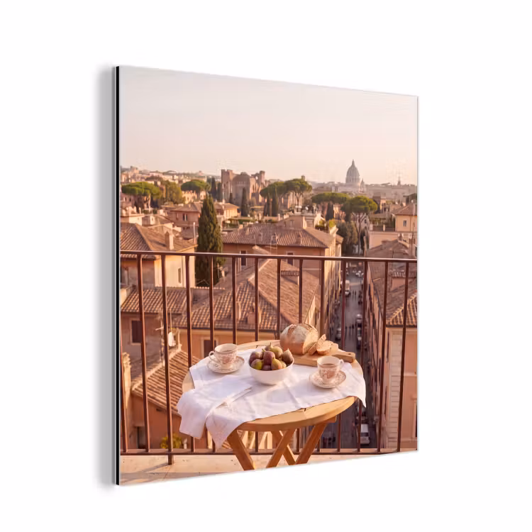 Eten - Ontbijt - Balkon - Stad - Zonsopgang aluminium wit klein -3d