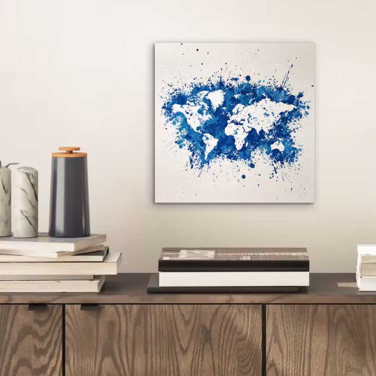 Verfspatten - Blauw - Wereldkaart aluminium wit klein -sfeer1