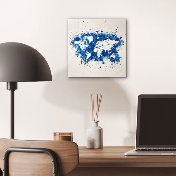 Verfspatten - Blauw - Wereldkaart aluminium wit klein -sfeer5