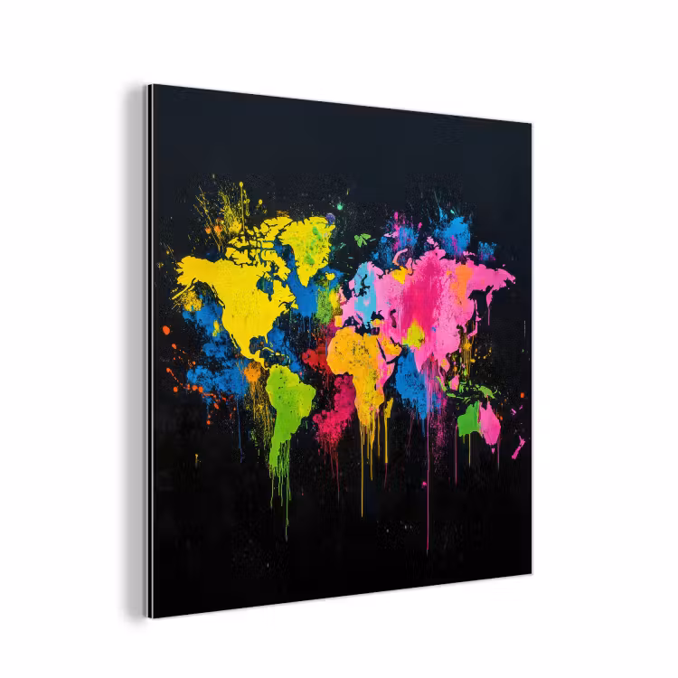 Verfspatten - Explosie - Kleurrijk - Wereldkaart aluminium wit klein -3d