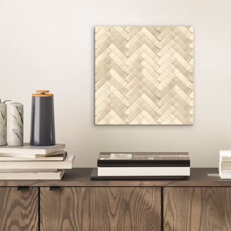 Visgraat - Wandtegel - Licht Beige aluminium wit klein 46 -sfeer1