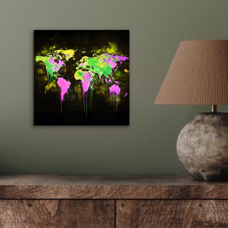 Fluorescerend - Wereldkaart - Druipen - Verf aluminium wit klein -sfeer2