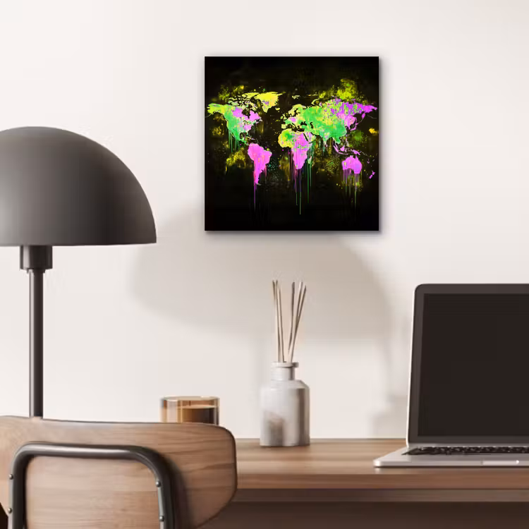 Fluorescerend - Wereldkaart - Druipen - Verf aluminium wit klein -sfeer5