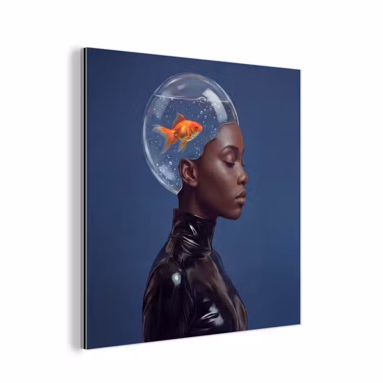 Vrouw - Goudvis - Hoofd - Abstract - Blauw aluminium wit klein -3d