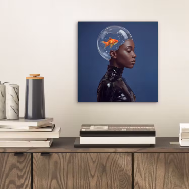 Vrouw - Goudvis - Hoofd - Abstract - Blauw aluminium wit klein -sfeer1