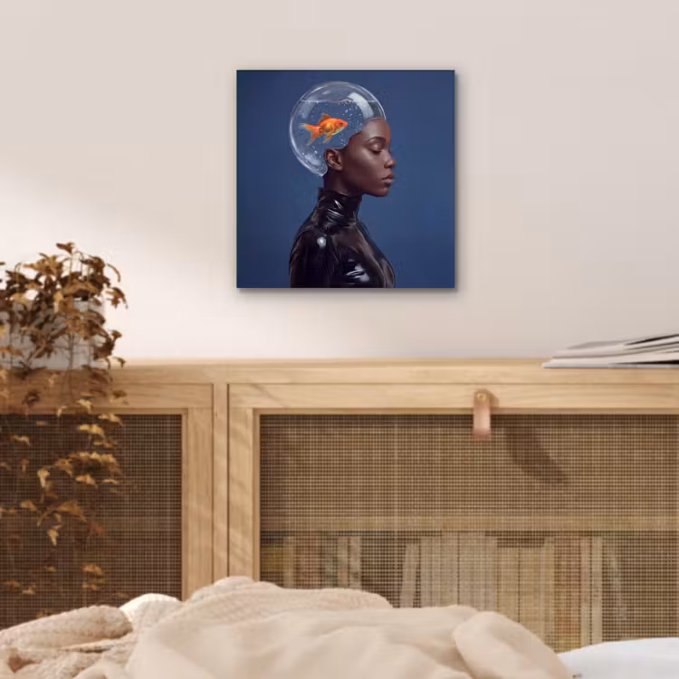 Vrouw - Goudvis - Hoofd - Abstract - Blauw aluminium wit klein -sfeer3