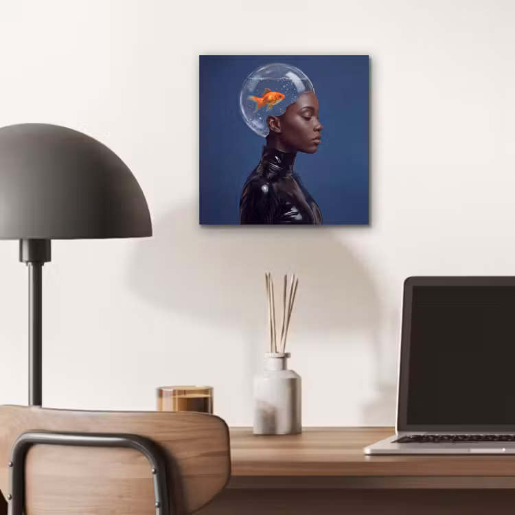 Vrouw - Goudvis - Hoofd - Abstract - Blauw aluminium wit klein -sfeer5