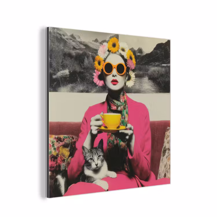 Vrouw - Kat - Bloemen - Kopje - Retro aluminium wit klein -3d