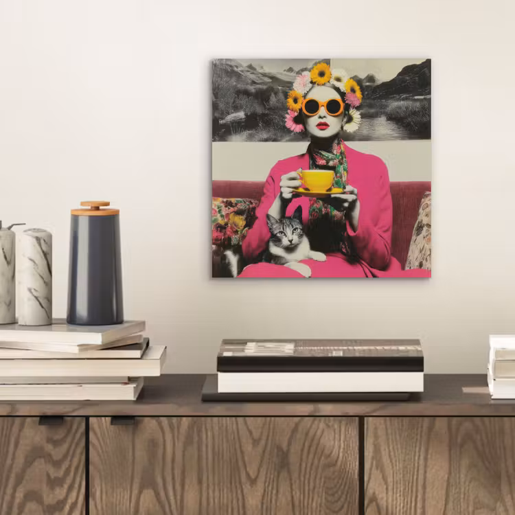 Vrouw - Kat - Bloemen - Kopje - Retro aluminium wit klein -sfeer1