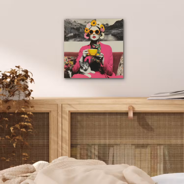 Vrouw - Kat - Bloemen - Kopje - Retro aluminium wit klein -sfeer3