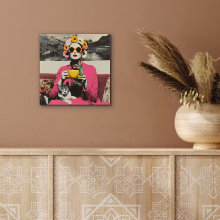 Vrouw - Kat - Bloemen - Kopje - Retro aluminium wit klein -sfeer4