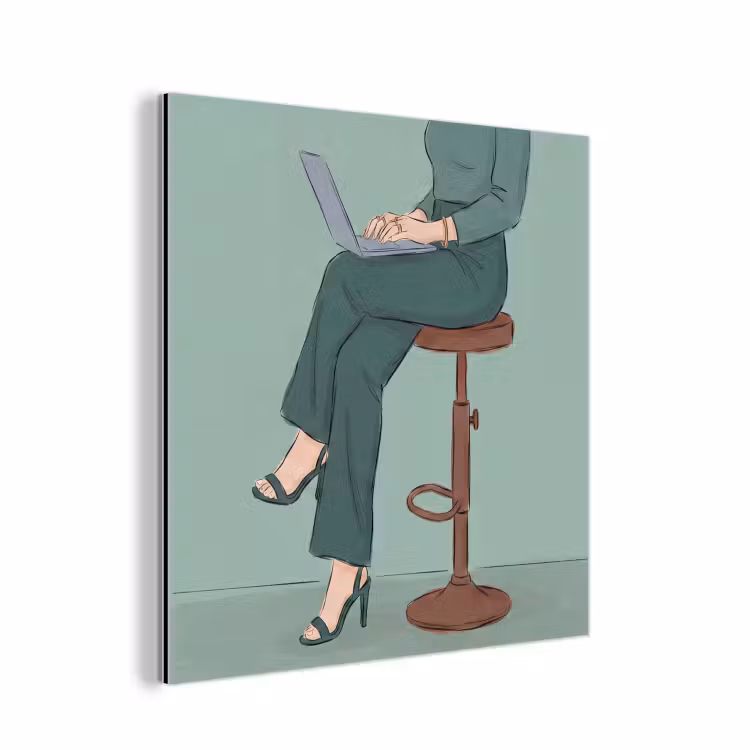 Vrouw - Laptop - Zittend - Illustratie - Groen aluminium wit klein -3d