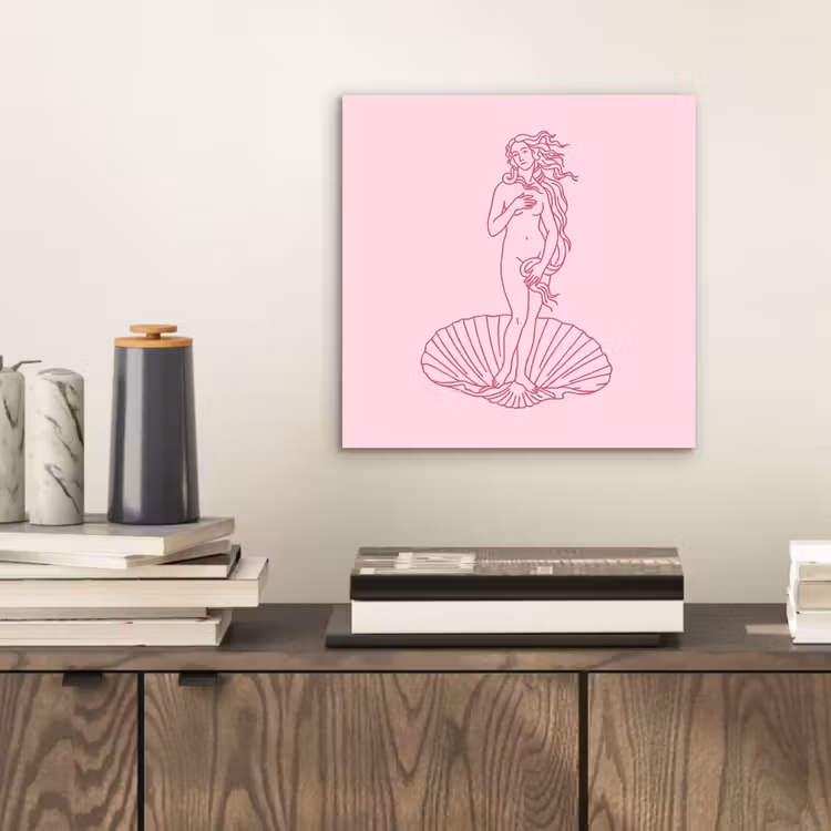 Vrouw - Schelp - Kunst - Lijntekening - Roze aluminium wit klein -sfeer1