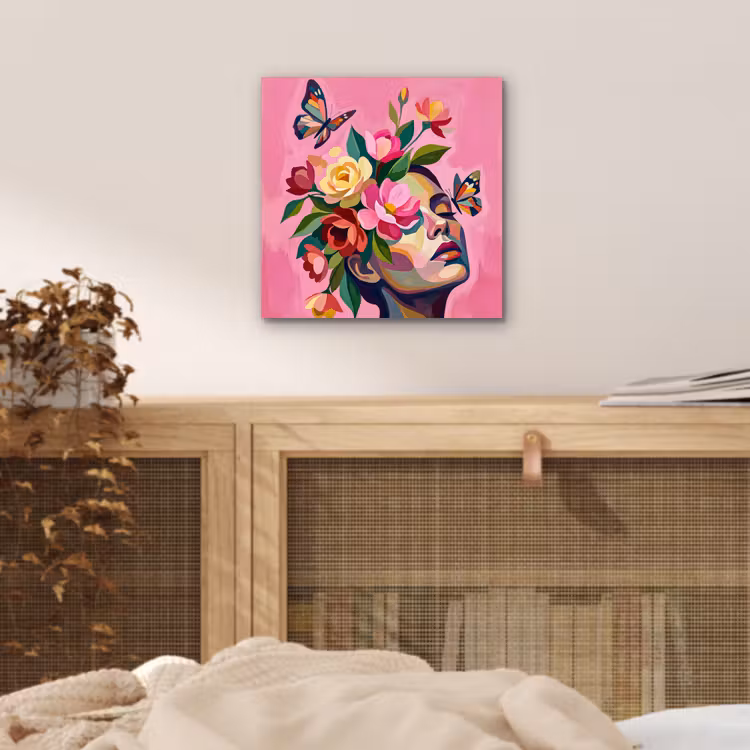 Vrouwengezicht - Vlinders - Kleurrijk aluminium wit klein -sfeer3