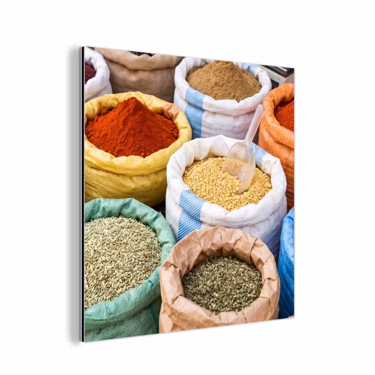 Alu-Dibond-Bild - Gewürze – Beutel – Markt — 1