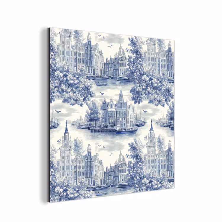 Huizen - Bomen - Water - Vogels - Blauw aluminium wit klein 46 -3d