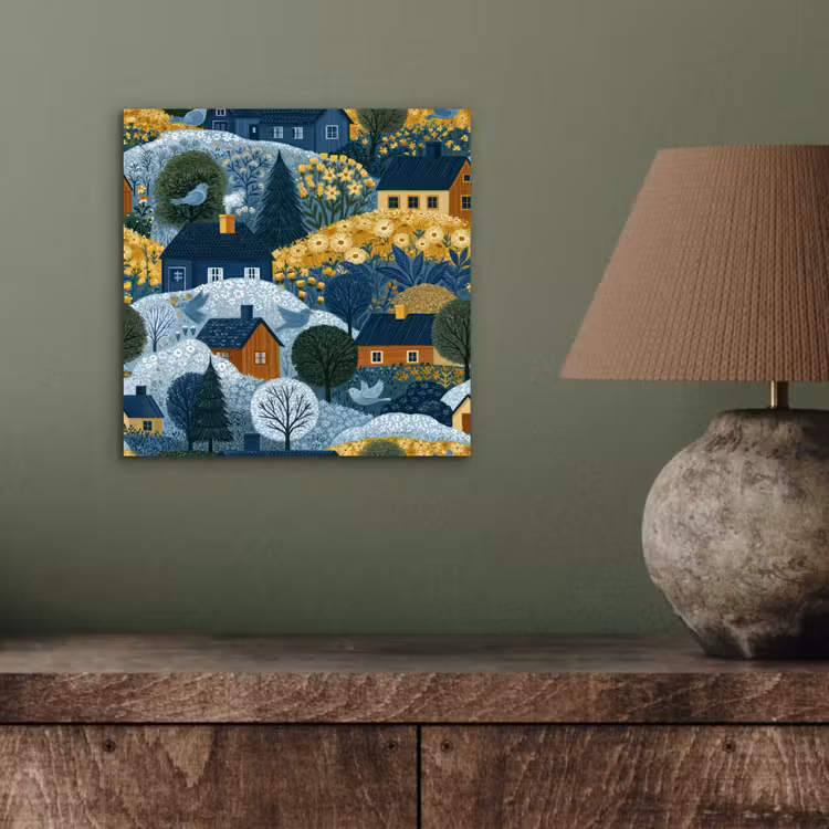 Huisjes - Bloemen - Patroon - Geel - Blauw aluminium wit klein 46 -sfeer2