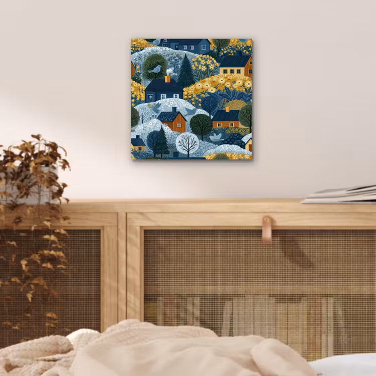 Huisjes - Bloemen - Patroon - Geel - Blauw aluminium wit klein 46 -sfeer3