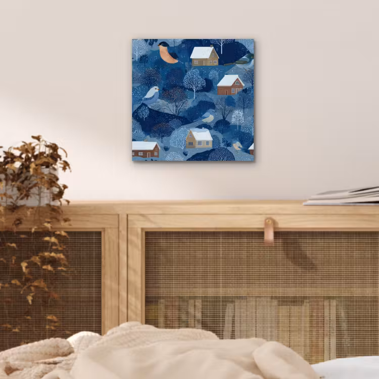 Huisjes - Vogels - Sneeuw - Winter - Blauw aluminium wit klein 46 -sfeer3