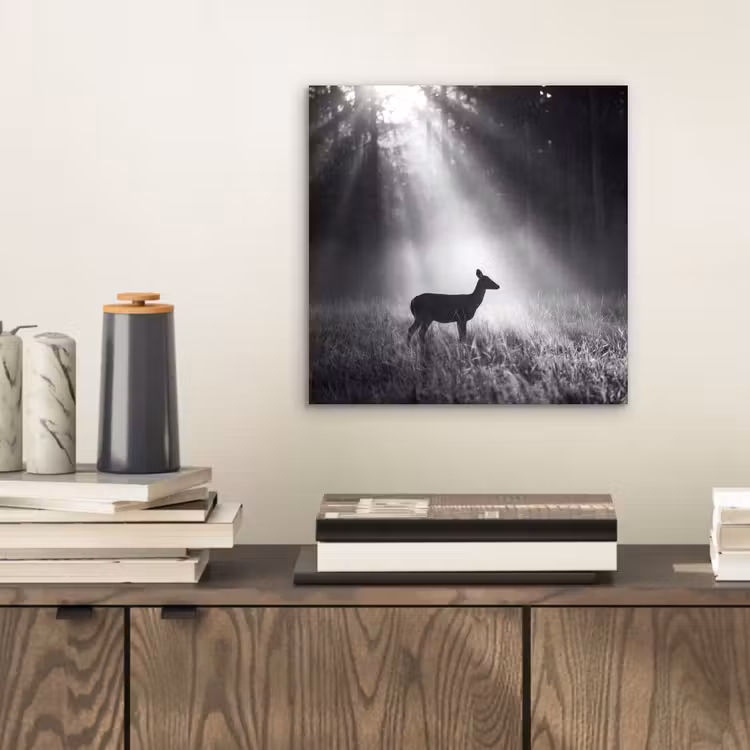 Hert - Bos - Zonnestralen - Zwart-wit - Natuur aluminium wit klein -sfeer1
