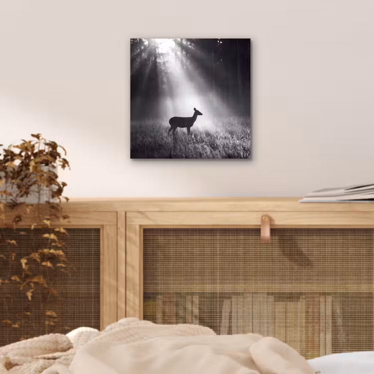 Hert - Bos - Zonnestralen - Zwart-wit - Natuur aluminium wit klein -sfeer3