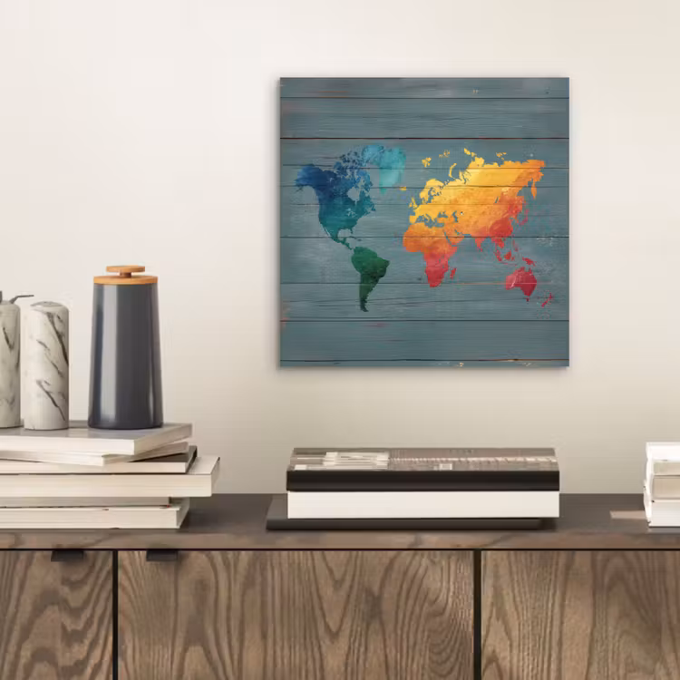Hout - Planken - Regenboog - Wereldkaart aluminium wit klein -sfeer1