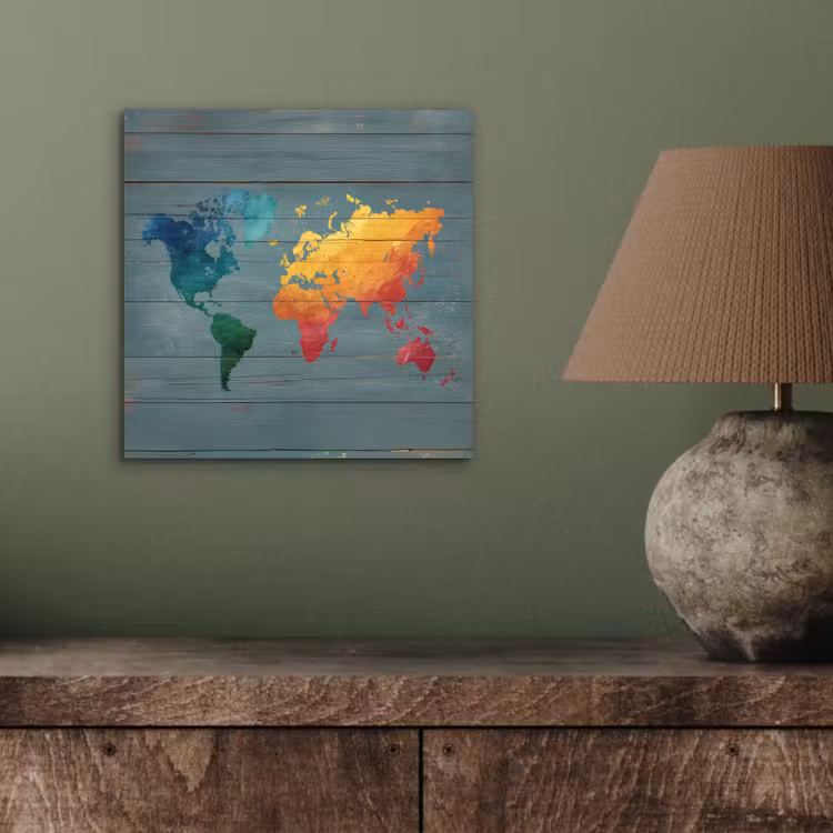 Hout - Planken - Regenboog - Wereldkaart aluminium wit klein -sfeer2